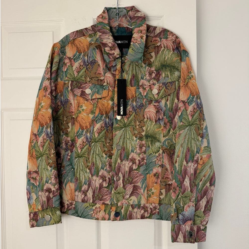 NWT Fashion Nova Men Floral Tapestry Trucker Jacket – Size S (Small) Green Combo